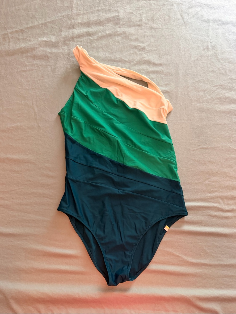 Colorblock One-Shoulder Swimsuit in White, Green & Teal